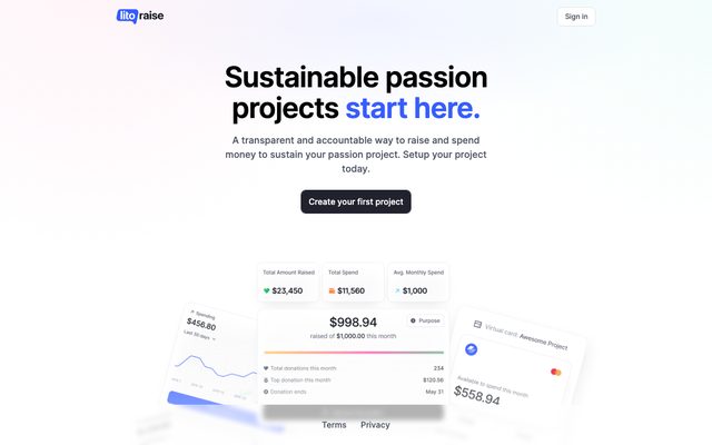 Scrolling preview of the LitoRaise homepage