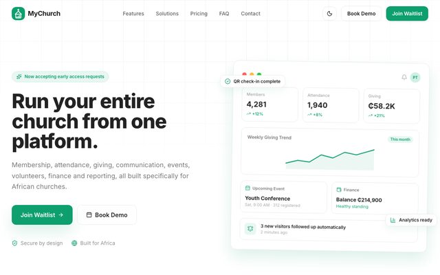 Scrolling preview of the MyChurch Africa homepage