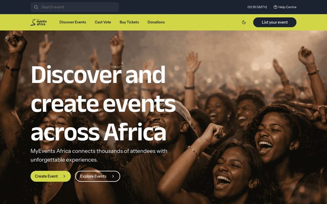 Scrolling preview of the MyEvents Africa homepage