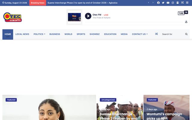 Scrolling preview of the Otec 102.9 FM homepage