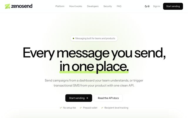 Scrolling preview of the ZenoSend homepage